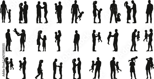 Silhouette of diverse family moments, parents holding children, playing, walking together, loving care, parenthood, bonding, father and mother interaction, child development, happiness, togetherness.