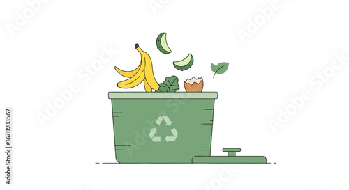 Illustrated Green Compost Bin with Food Scraps for Educational Use in Sustainable Living Guides and Environmental Awareness Campaigns.