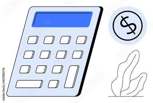 Calculator with prominent keys and screen, dollar circle symbol, and abstract decorative plant element. Ideal for finance, accounting, budget planning, tax preparation, savings, investments simple