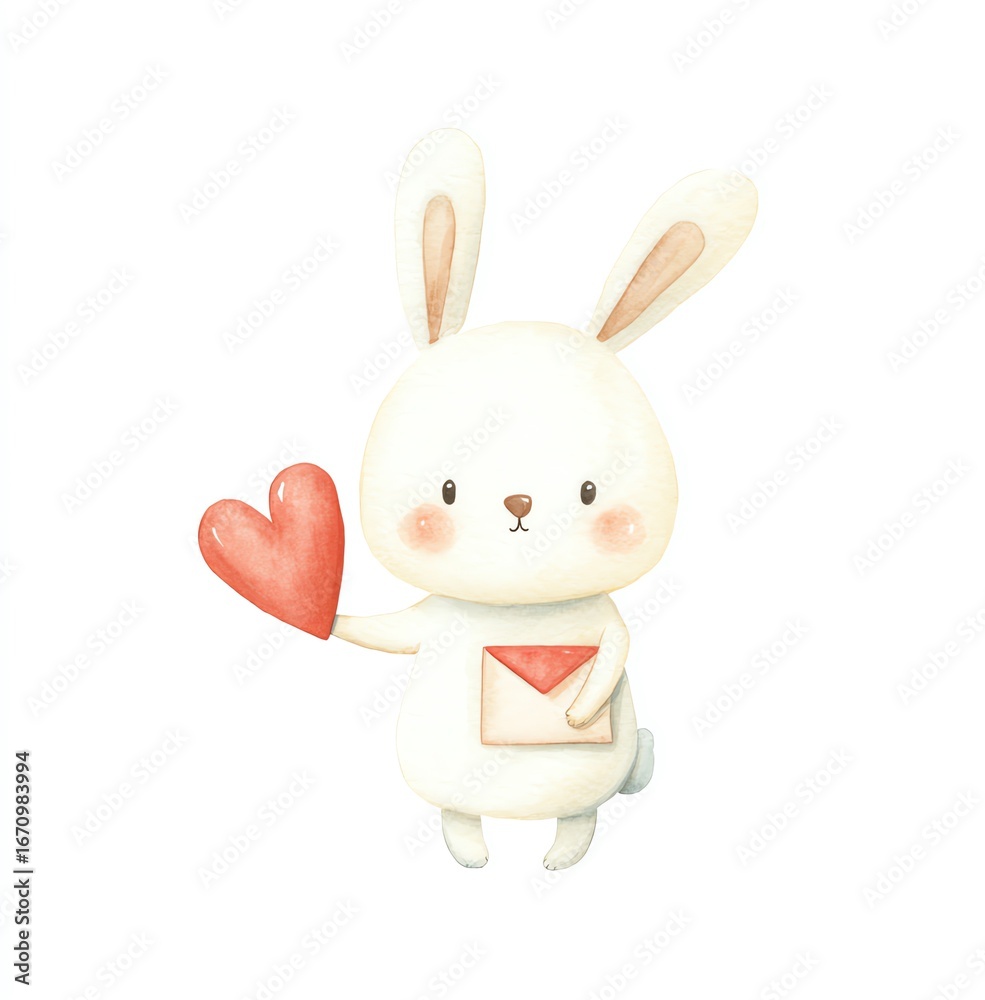 Obraz premium Cute Watercolor Bunny Holding Heart and Envelope