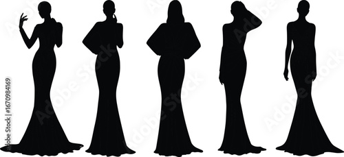Silhouette of elegant women in long evening gowns, fashion models posing, stylish female figures, glamour, beauty, sophistication, runway style, chic dresses, graceful posture, formal wear