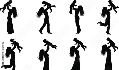 Silhouette of mother lifting child, happy family moment, joyful parenting, mom and kid bond, love between mother and child, playful silhouette art, parenthood joy