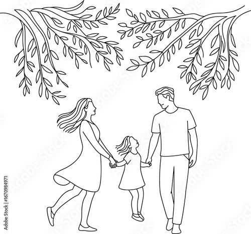 Family celebrating under a sukkah adorned with natural greenery and branches