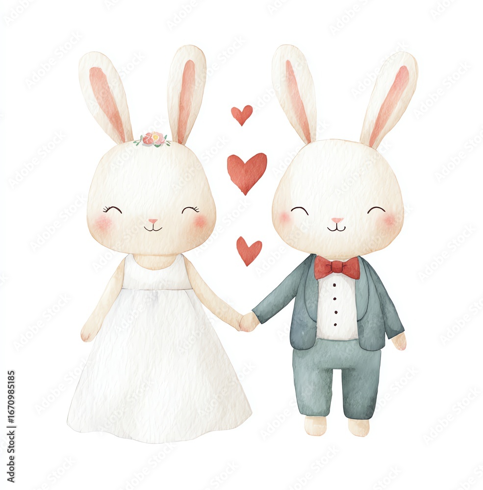 Obraz premium Watercolor Illustration of Cute Rabbits in Wedding Attire