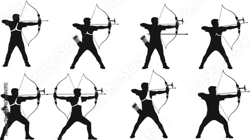 Silhouettes of archers aiming compound bows, black vector illustration, archery sports concept, accurate shooting stance, competitive archery posture, outdoor activity, aiming precision training.