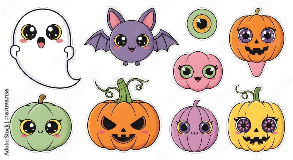 Obraz premium Adorable kawaii Halloween sticker sheet with cute ghosts, bats, pumpkins, and playful scary eyes for crafts and decorations.