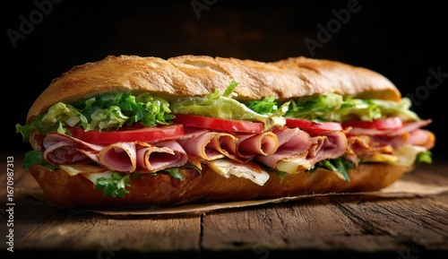 Freshly prepared sandwich with assorted meats vegetables and cheese on a dark background