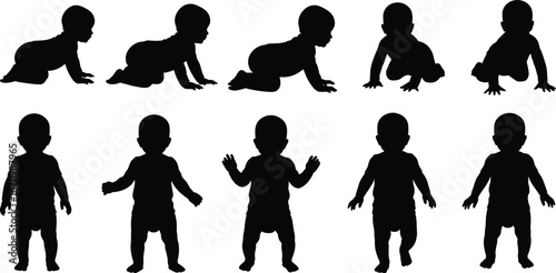 Silhouettes of baby crawling and standing, toddler development stages, infant growth, child progression, early childhood movement, baby steps, cute baby poses, healthy baby activity.