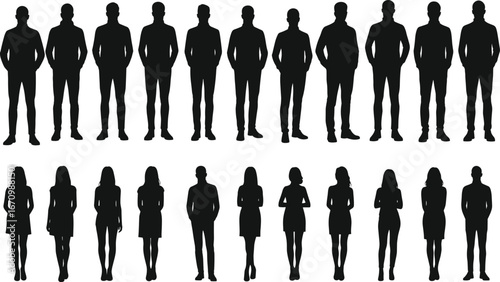 Silhouettes of business professionals standing in formal posture, male and female corporate team, office staff vector illustration, diversity concept, teamwork, career, HR, company.