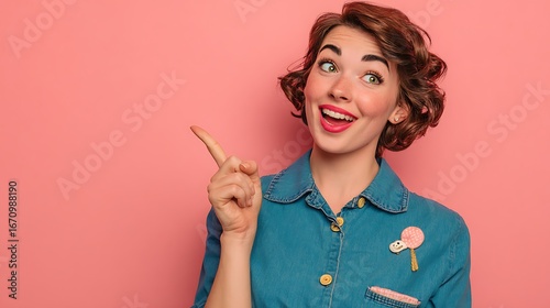 Smiling Woman Pointing in Retro Style on Pink Background