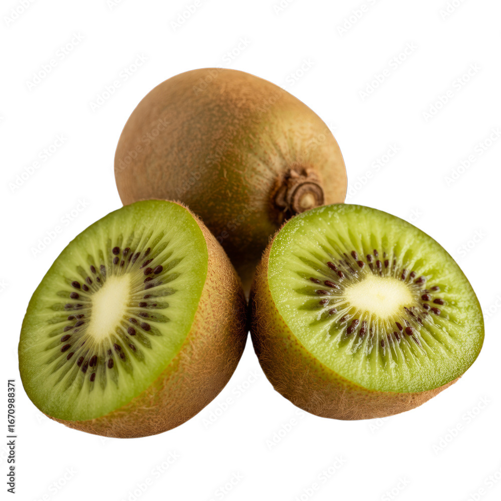 Obraz premium Whole and halved kiwi fruits isolated on a transparent background green brown