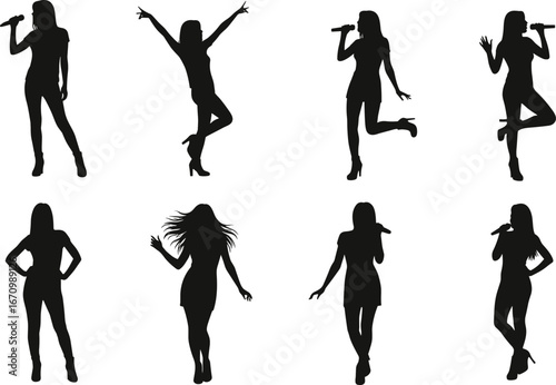 Silhouettes of female singers, microphone performance, dancing women, music pose, concert talent, pop stars illustration, stage performers, energetic vocalists, entertainment, black vector figures