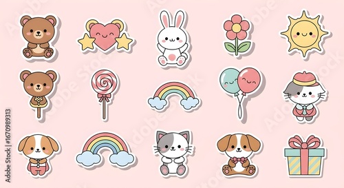Adorable kawaii sticker sheet with playful pastel characters and happy faces, perfect for crafts and decoration.