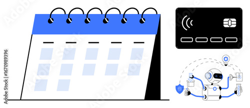 Desk calendar, credit card, and robot managing various processes to depict smart scheduling, contactless transactions, and automation. Ideal for fintech, technology, planning, future payment system