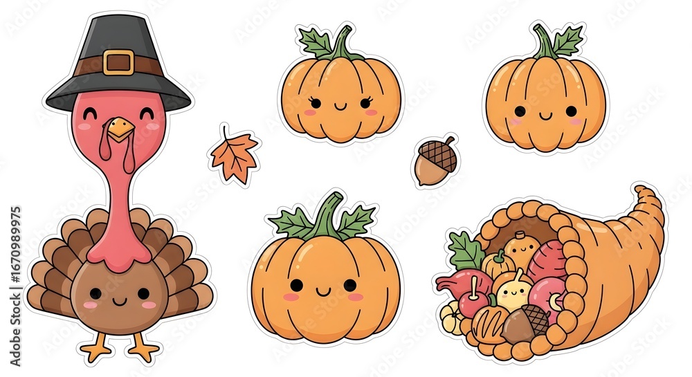 Fototapeta premium Cute Thanksgiving sticker sheet illustration with playful cartoon characters in pastel colors. Perfect for crafts and festive designs.