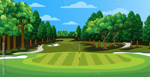 Beautiful golf course vector illustration with lush green fairway, smooth putting green, sand bunkers, and a scenic background of mountains, trees, and clear blue sky. Perfect landscape design for lei