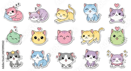 Adorable kawaii cat sticker sheet illustration with playful cartoon characters and pastel colors, perfect for adding a touch of cuteness to any product.
