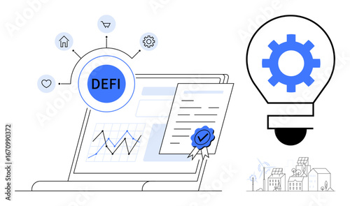 Blockchain-powered finance on a laptop featuring DEFI hub, secure certificate, analytics chart, and gear lightbulb. Ideal for cryptocurrency, fintech, innovation, technology, blockchain analytics