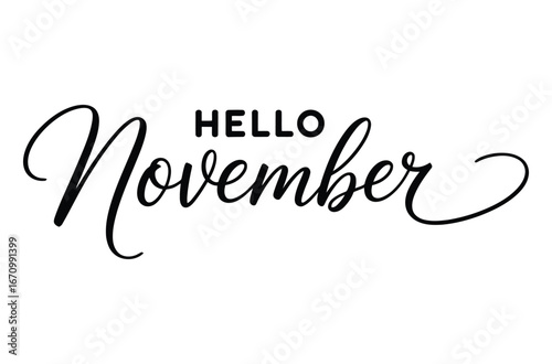 Hello November typography, elegant hand lettered quote for welcome month design.

