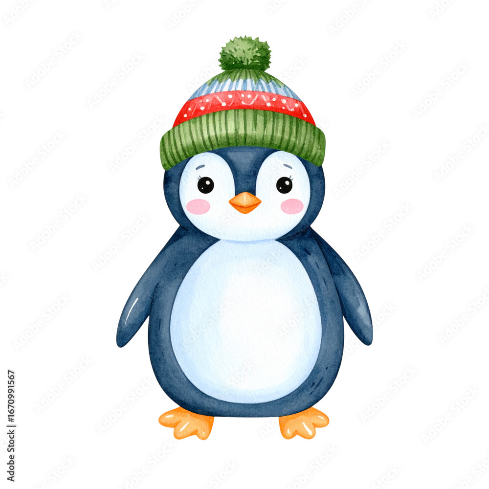 Fototapeta premium Adorable Watercolor Penguin Wearing a Green and Red Knit Winter Hat.