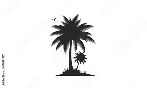 Black silhouette of two tropical palm trees on a small island with a single flying bird.