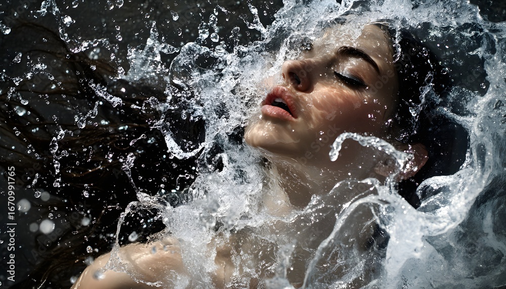 Fototapeta premium The photograph shows a young woman with dark hair whose face is partially obscured by a large amount of splashing water.