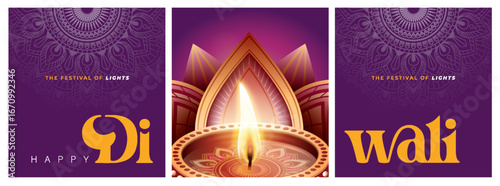 Happy Diwali festival with oil lamp, Rangoli decoration with Diya, Diwali holiday Background with rangoli, Diwali celebration greeting card,vector.