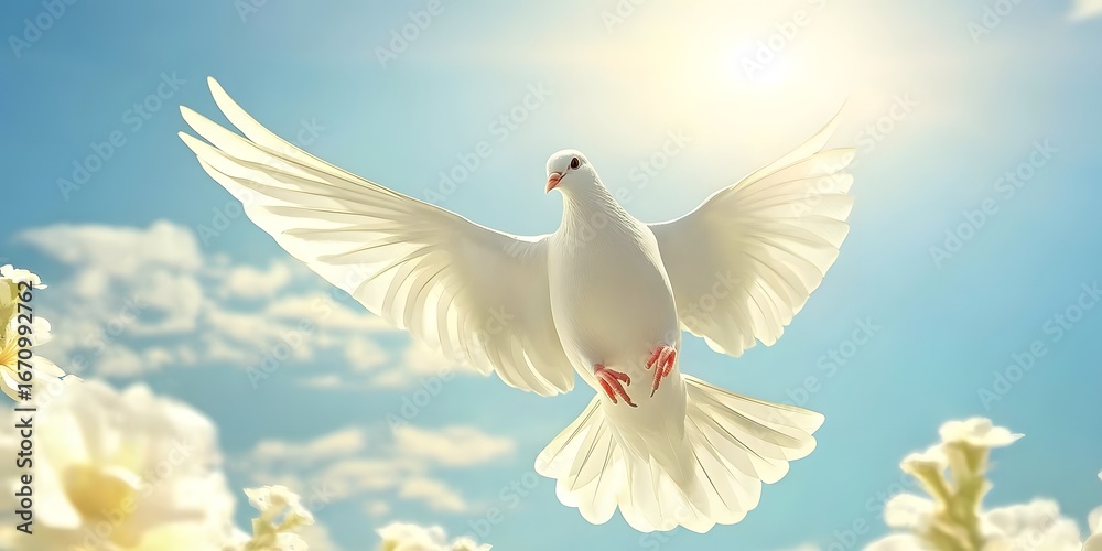 Obraz premium Dove soaring in bright sunlight, symbolizing peace