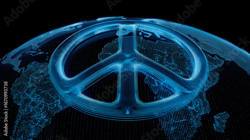 Close-up of a blue illuminated peace symbol integrated with a world map, expressing unity, hope, and global harmony for peace events
