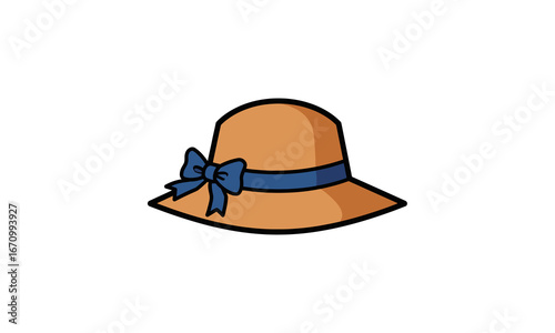 Cartoon illustration of a tan sun hat with a wide brim and a blue ribbon bow.