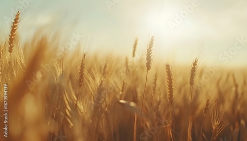 The image shows a field of ripe wheat illuminated by the warm glow of the setting sun, creating a rich, golden hue.