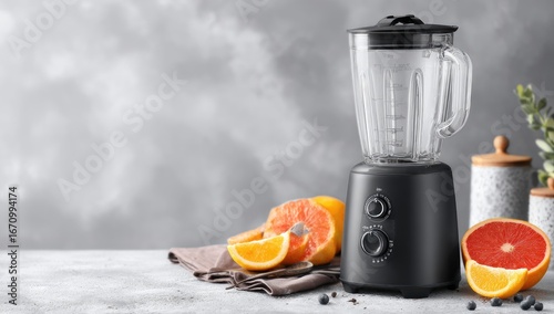 Fototapeta Naklejka Na Ścianę i Meble -  Modern black blender with citrus fruits on a gray surface.