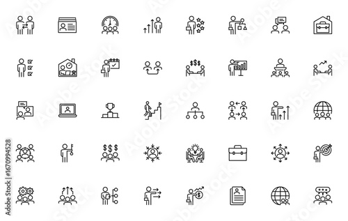 Business people icon set. Minimalist vector illustraions. Includes symbols fortime management, online meting, success, target, leaer, work from home and mor. Editable stroke.