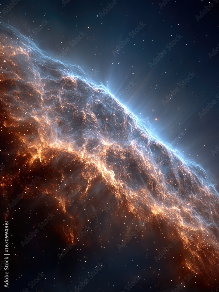 Fototapeta premium Glowing nebula with orange and blue hues, cosmic rays
