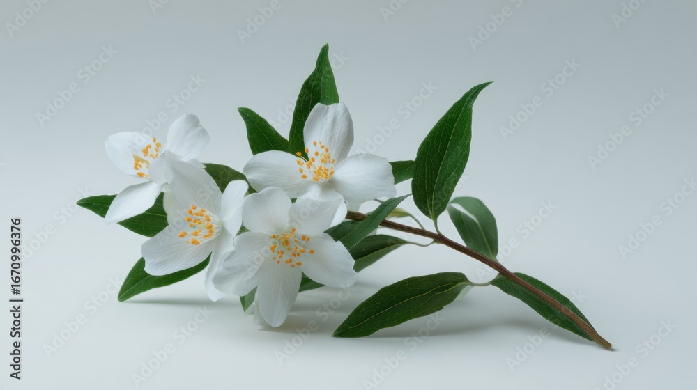 Fototapeta premium White mock orange flowers with yellow stamens and green leaves on light background