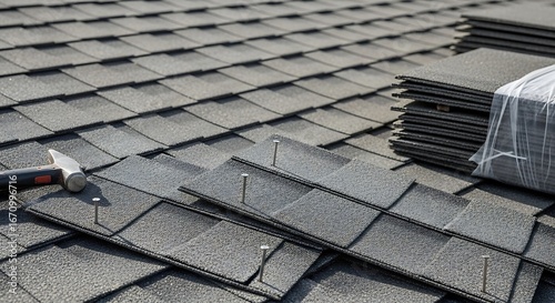 Roofing material installation reveals new asphalt shingles and repair construction