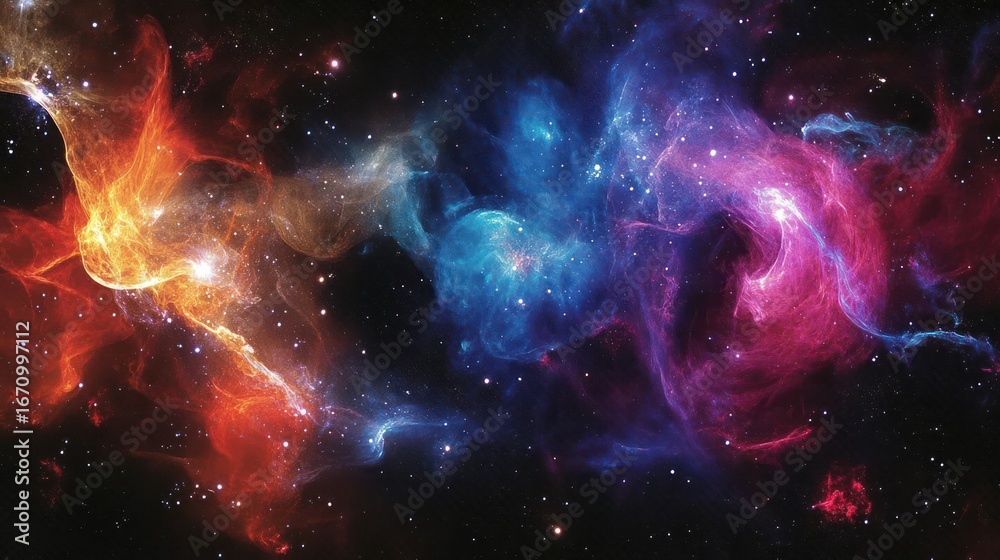 Fototapeta premium A vibrant cosmic scene showcasing colorful nebulae and stellar formations in space.