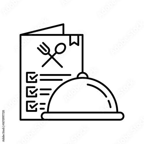 Food menu restaurant book icon set vector. Menu catering, dome, bakery, bar, cafe, spoon, fork, knife and plate line icons black. Food menu label.