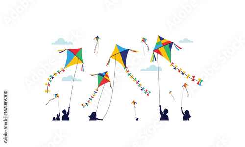 Colorful Diamond and Delta Kites Soaring High in the Sky.