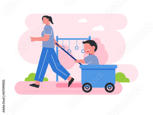 Mom pulling a cart with her little boy. Mother illustrations. Flat vector illustration.
