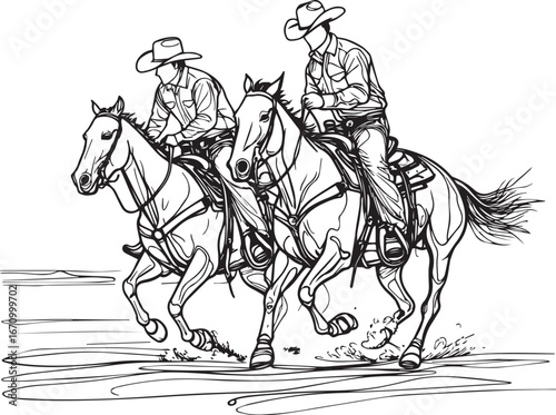 cowboys riding horses line art