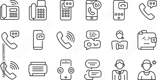 Modern linear icon collection for digital communication, including phone calls, text messages, and customer service interactions, suitable for UI/UX design