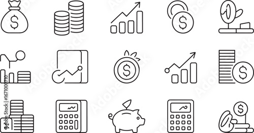Collection of Financial Growth and Investment Icons Representing Money, Savings, and Economic Progress for Business and Personal Finance Concepts