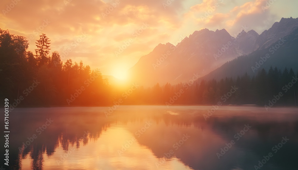 Fototapeta premium The sun rises over a tranquil lake, its reflection shimmering on the water's surface, surrounded by lush forests and imposing mountains.