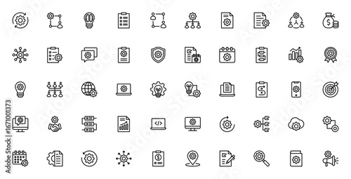 Project Management icon set. Vector illustration. Inludes symbols for planning workflow, budget, strateg, time management, researc and more. Editable stroke