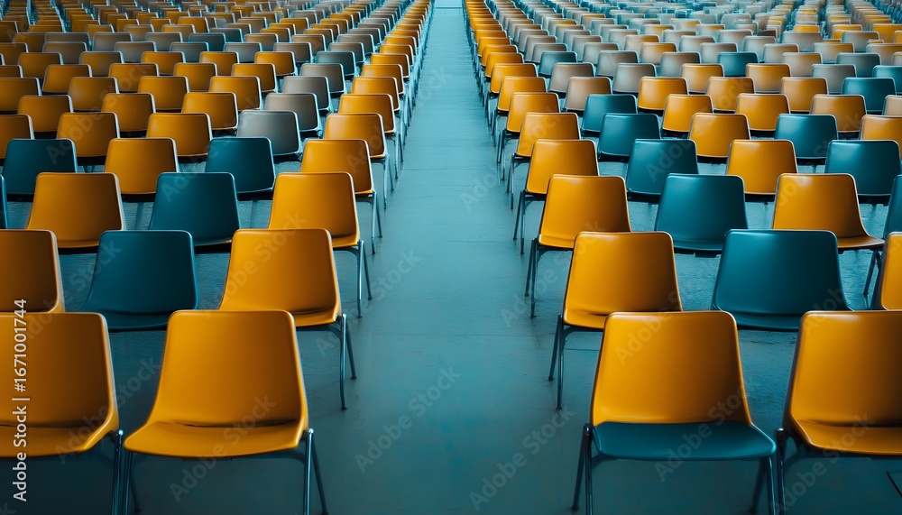 Fototapeta premium Many empty chairs, teal and gold in color, are arranged in rows inside a large room with a blue floor.