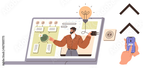 Presenter sharing ideas on energy usage and solutions via a laptop screen. Light bulb imagery, plug, outlet, and smartphone app signify innovation, sustainability, and remote interaction. Ideal
