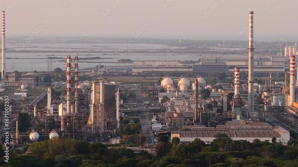 Drone view showcasing its chemical, petrochemical, and port industries, Ravenna, Italy Drone view showcasing its chemical, petrochemical, and port industries, Ravenna, Italy