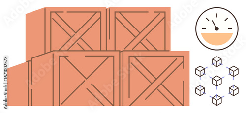 Large stack of wooden crates suggests storage, shipping. Speedometer measures efficiency. Cluster of small cubes symbolizes distribution. Ideal for logistics, warehouse, delivery, supply chain