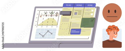 Open laptop displaying progress reports and task boards labeled To Do, Doing, and Done. Two faces depicting emotions. Ideal for productivity, planning, workflow, remote work, data analysis digital